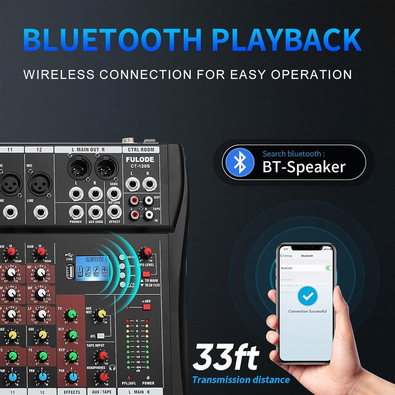 FULUODE 12 Channel Mixer Audio Console, CT-120S Professional Music Mixer DJ Mixing Board with Reverb Bluetooth MP3 Player 48V Phantom Power Supply USB Recording for Studio Karaoke Live Performance - Image 3